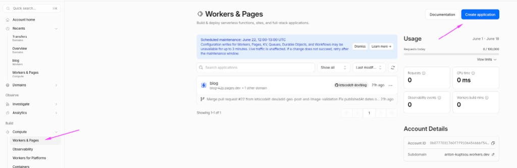 Workers & Pages overview with Create application button