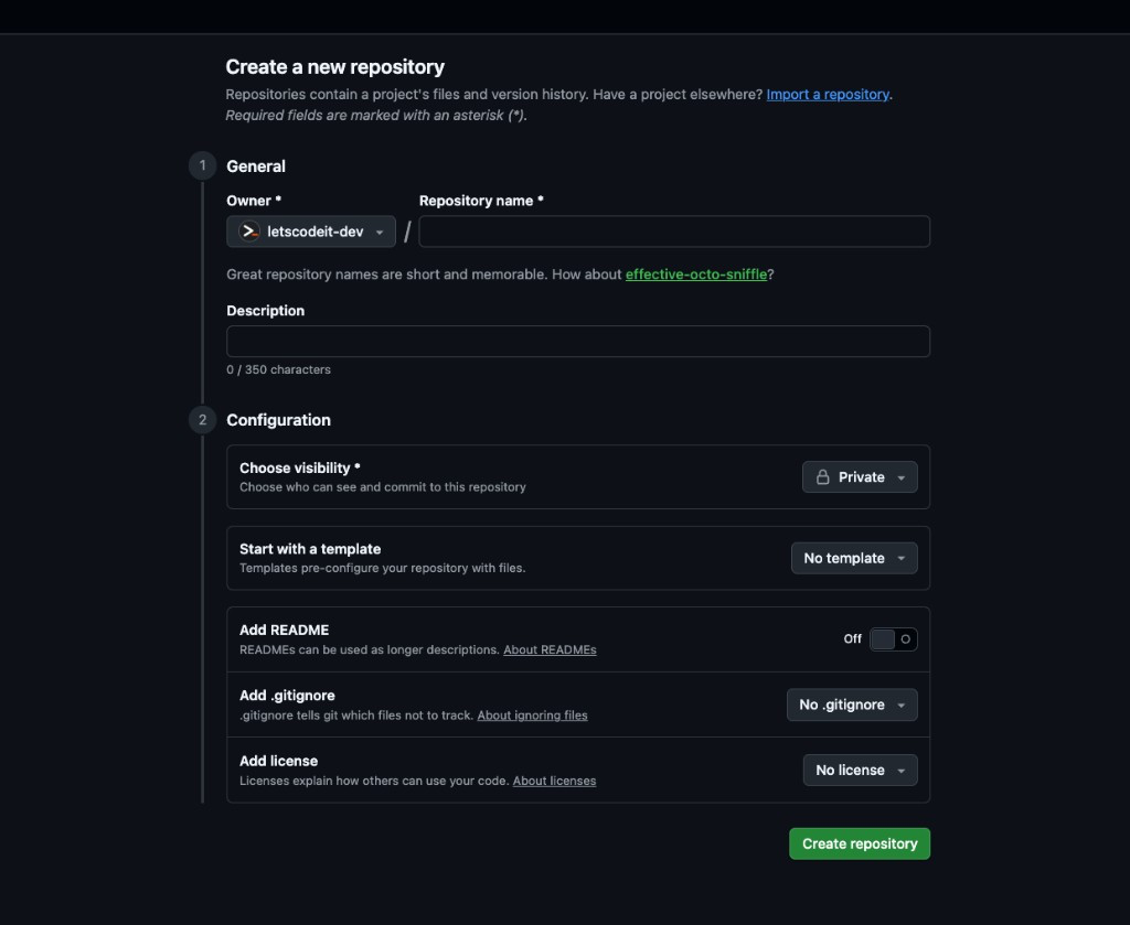 GitHub Create a new repository form with repository name field