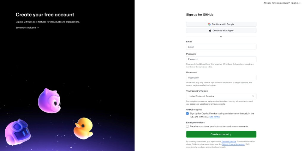 GitHub sign up form with email password username and Create account