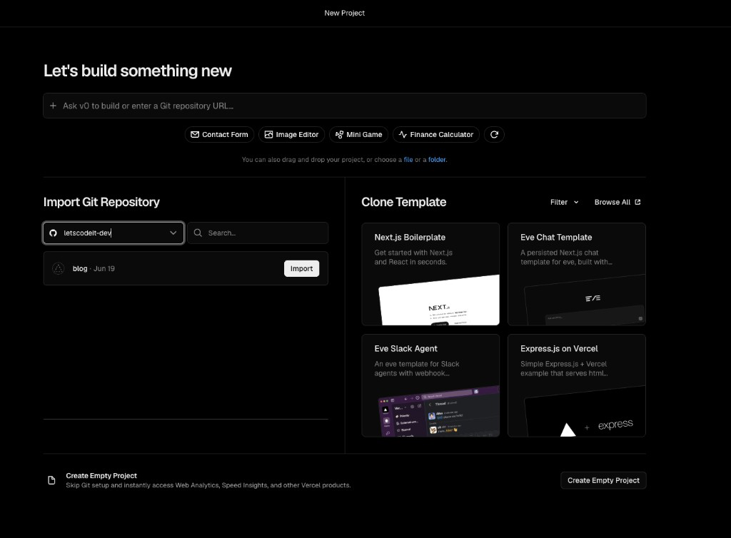 Vercel New Project page with Import Git Repository and Import button