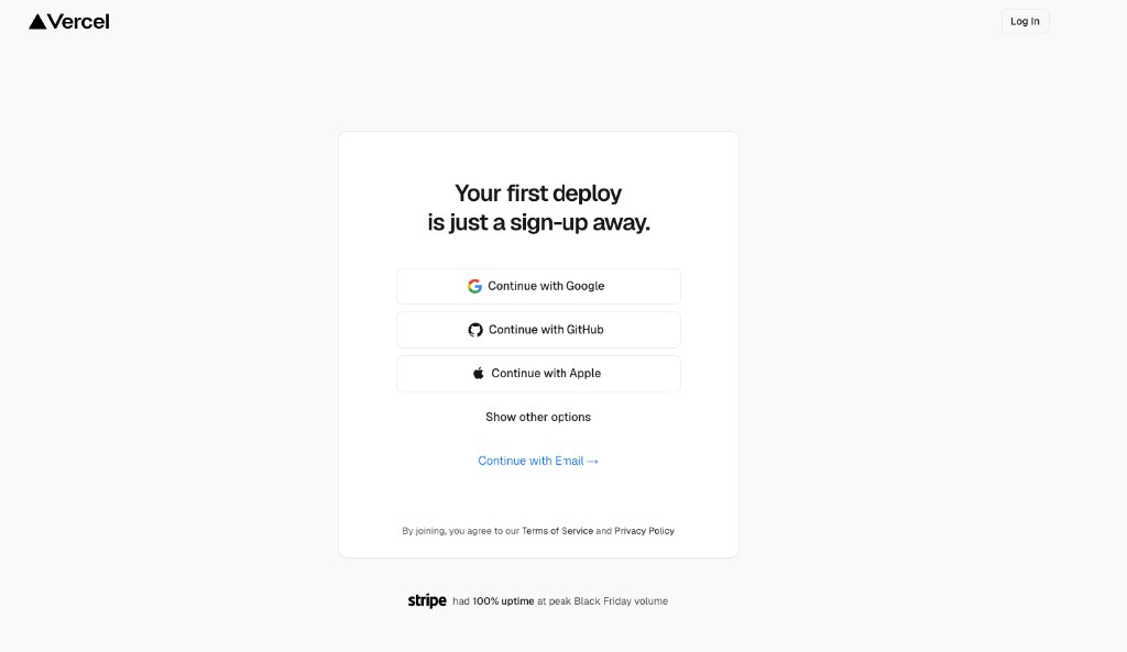 Vercel sign up page with Continue with GitHub button