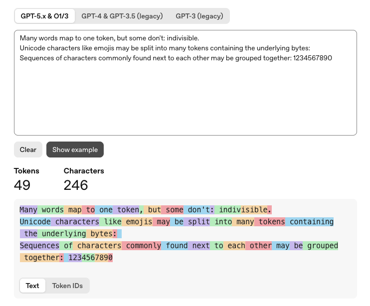 English source text in the OpenAI tokenizer - 49 tokens, 246 characters